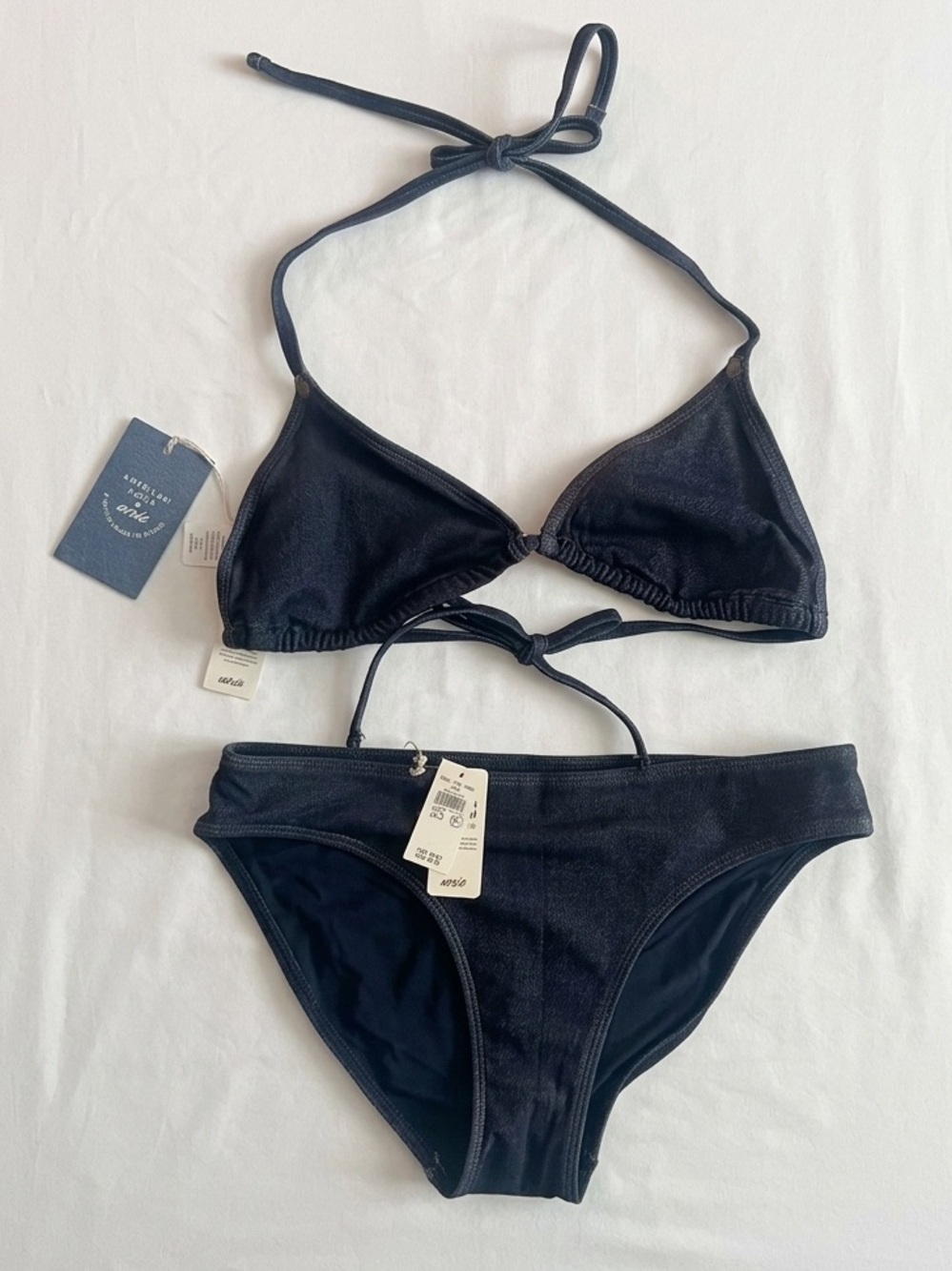 NWT AE x Aerie A Match Made in Denim Bikini Set M L Faux Print Swim Two Piece